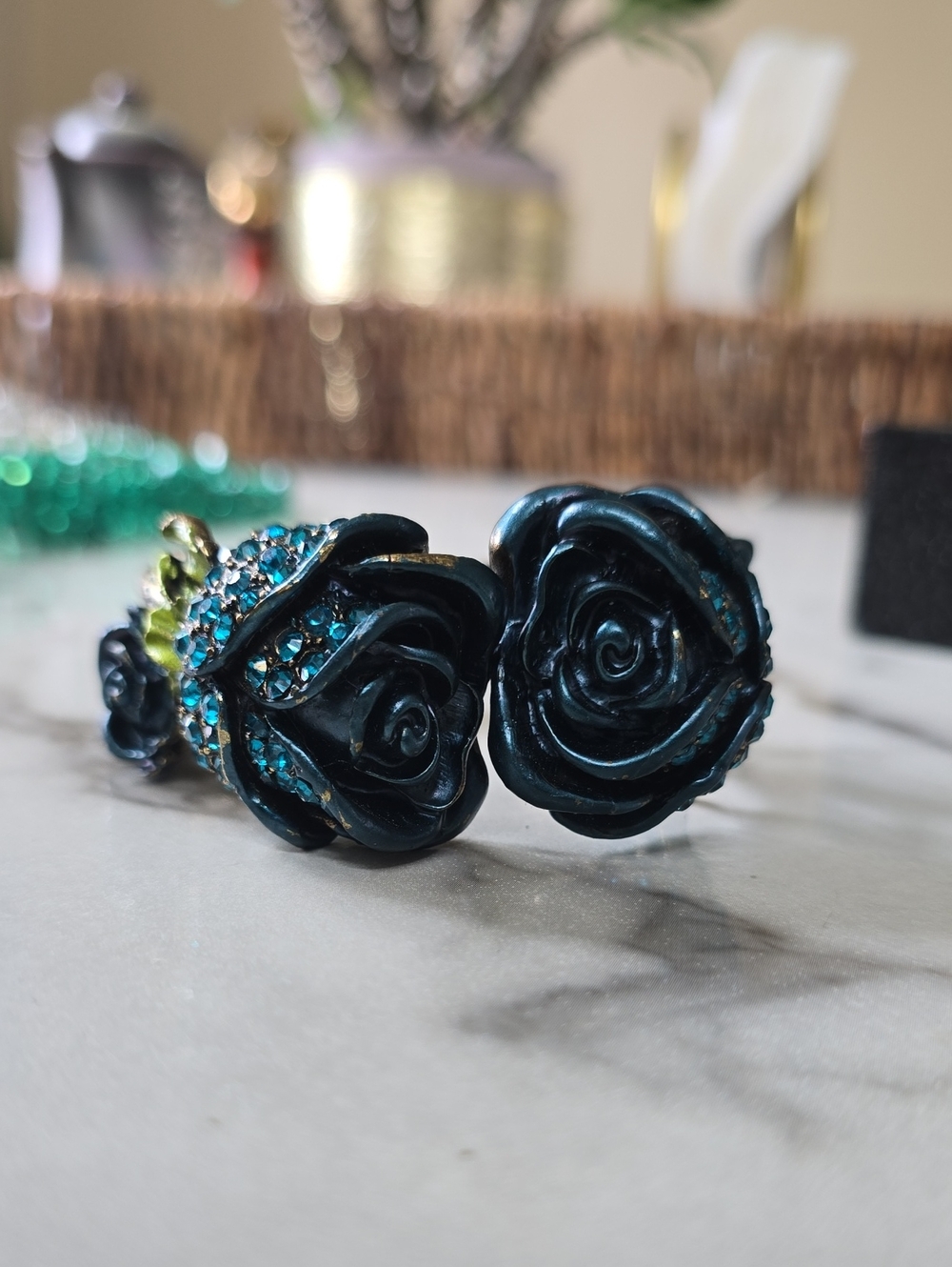 Blue Rose Cuff Bracelet with Teal Crystal Accents